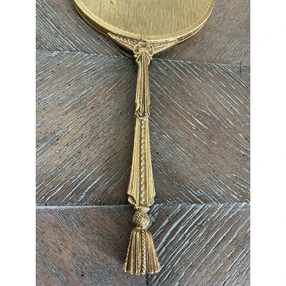 Vtg Matson Stylebuilt Hand Held Mirror 24 k Gold Tea Rose and Rope Tassel Design
